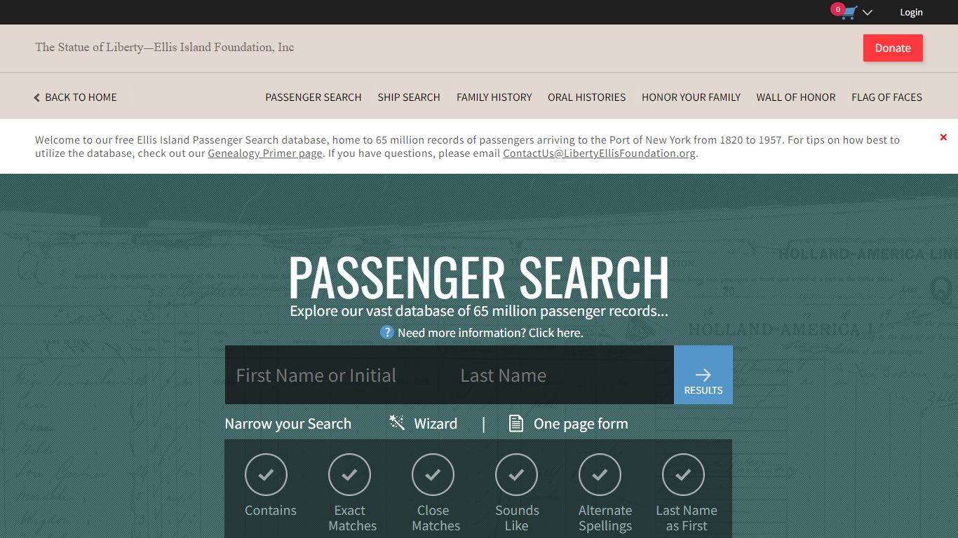 Passenger Search - The Statue of Liberty & Ellis Island